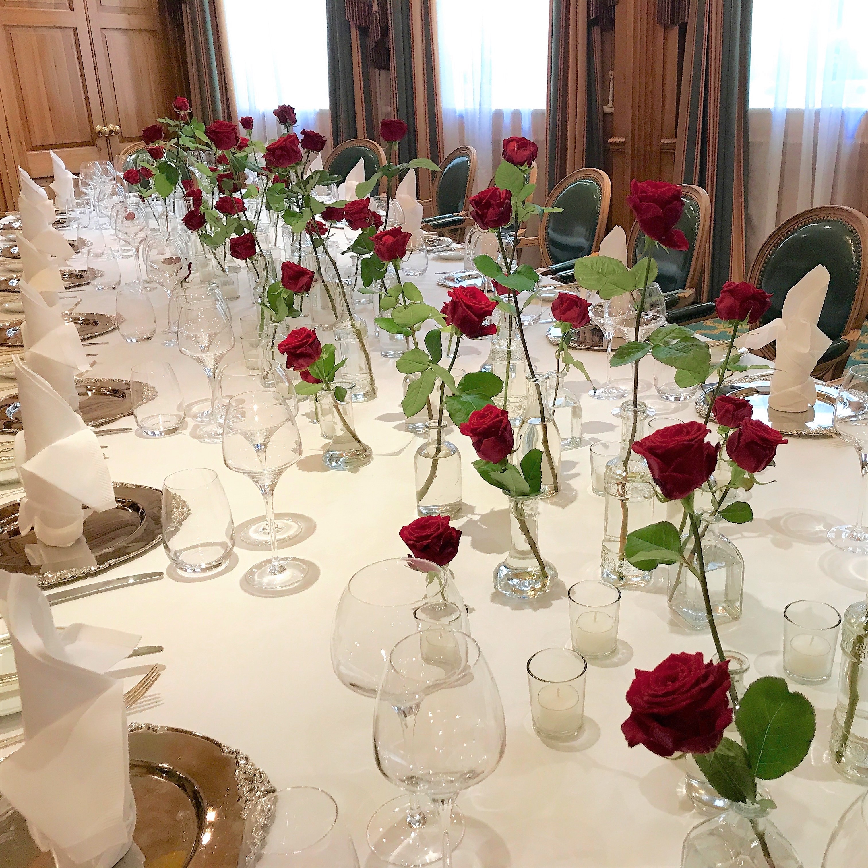 Large round event flower arrangement with dramatic colour and scale