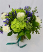 Seasonal Flowers bouquet with green hydrangea, white roses, and blue flowers thumbnail